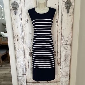 Hobbs Size 12 Woman's Navy Blue White Sleeveless Knit Sheath Career Dress